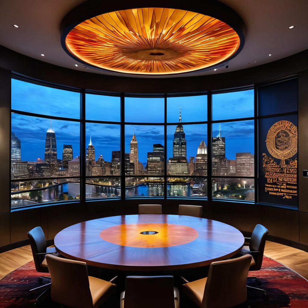 A grand, intricately designed governance chamber featuring a round table with diverse decision-makers engaged in a spirited discussion. The walls adorned with historical governance artwork and quotes, showcasing the dynamics of influence and control. A large window reveals an inspiring city skyline, symbolizing progress and authority. Warm, inviting lighting accentuates the scene, creating an atmosphere of collaboration and intellectual discourse. super-realistic. vibrant colors.