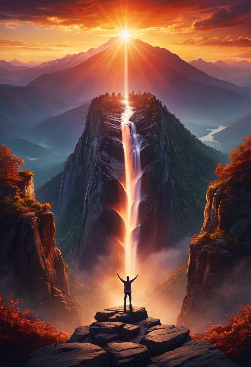 A powerful leader standing confidently on a mountain peak, arms outstretched as a symbol of influence. Below, a diverse crowd looks up in admiration, showcasing unity and determination. The sky is ablaze with a sunset, representing the potential for greatness. Include elements like a cascading waterfall symbolizing knowledge and a winding path leading to the peak representing the journey of leadership. super-realistic. vibrant colors. dramatic lighting.