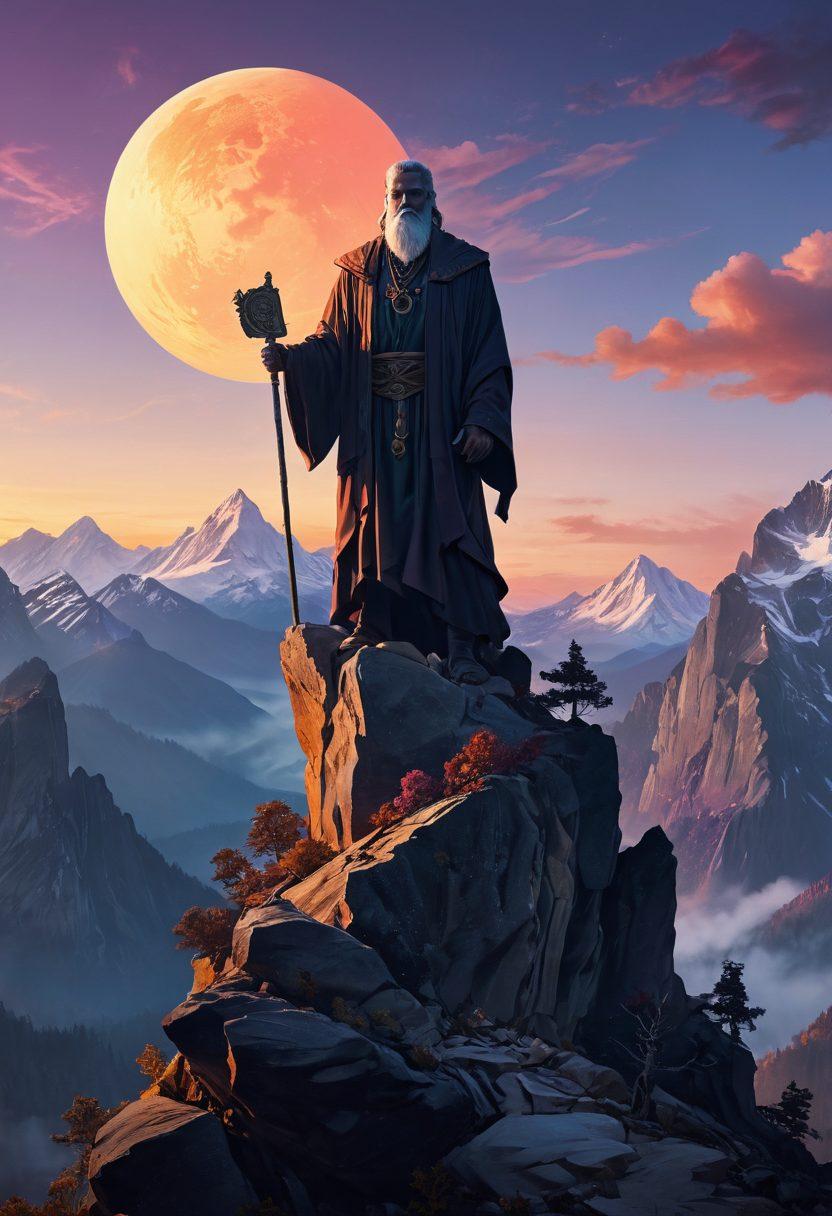 An imposing figure, half in shadow and half in light, symbolizing the transformation from an overlord to a wise leader, standing atop a mountain peak. Surrounding this figure are symbols of mastery such as books, tools, and a glowing orb representing knowledge and power, blending into a vibrant sunrise background. The scene embodies a journey from darkness to enlightenment with elements of strategy and growth. fantastical art. vibrant colors. ethereal atmosphere.